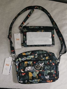 lug Black Tropical Animal Print Crossbody Bag with Clear ID Wallet